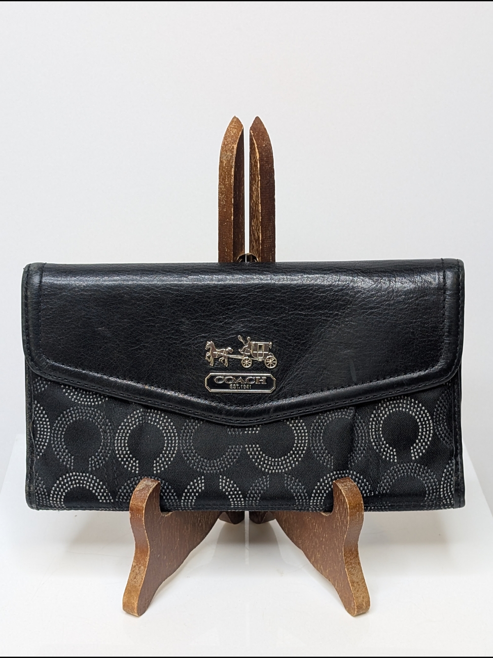 Vintage Coach Madison Black Op Art Jacquard Leather Trim Tri-fold Wallet